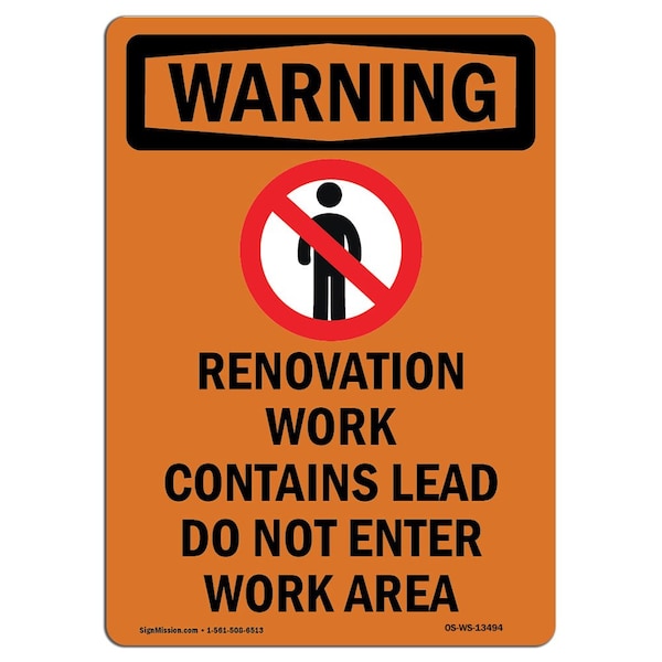 Signmission Safety Sign, OSHA WARNING, 18" Height, Renovation Work Contains, Portrait, D-1218-V-13494 OS-WS-D-1218-V-13494 - main